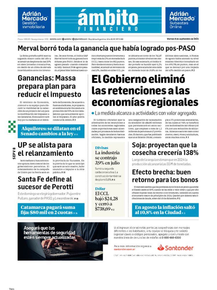 ámbito.com | Tapa Edicion Impresa del 2023-09-08